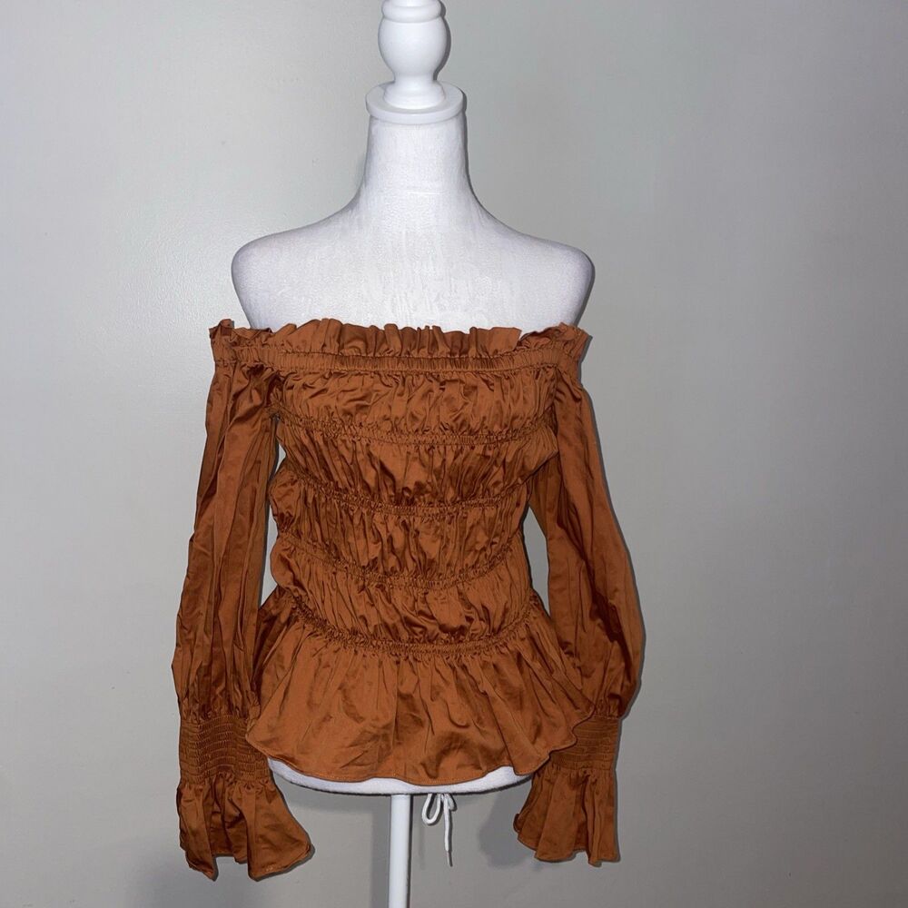 House of Harlow Rust Boho Off Shoulder Smocked Bell Sleeve Peasant Top Large